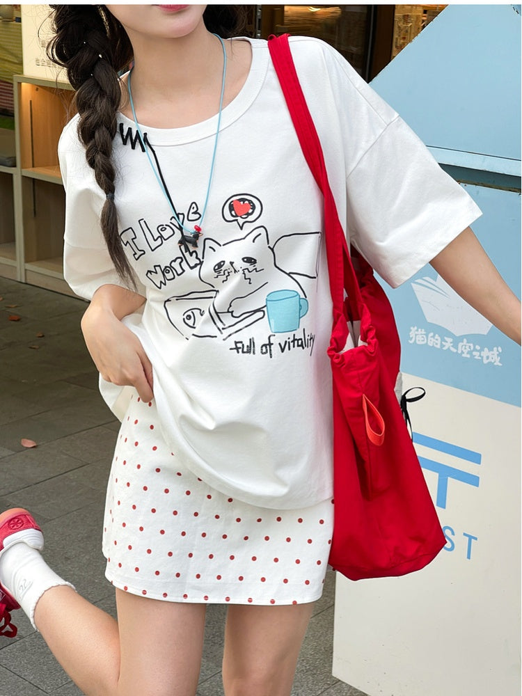 ホワイトラウンドネックキティプリントルーズTシャツ