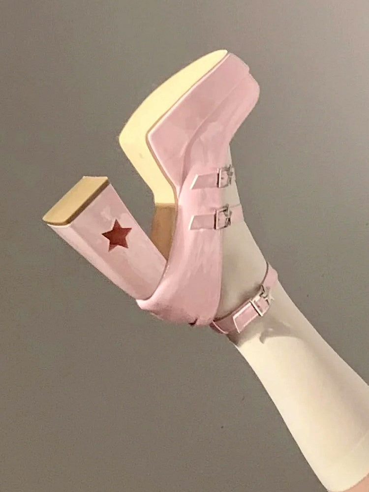 Back Heel Design Cutout in Pink Style - Janes Y2K Bow Moon Star Leather Mary Platform PU
