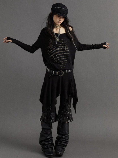 Wasteland Punk – Schwarzes, asymmetrisches Kleid mit Leopardenmuster und Herzmotiv und langen Ärmeln