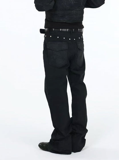 Unisex Punk Distressed Black Stacked Denim with Snake Leather Pockets & Studs - DETW OnLine