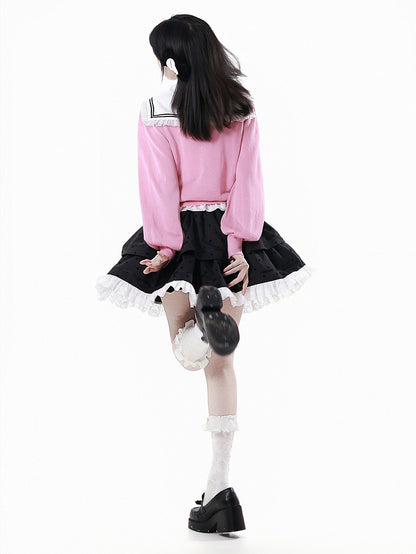 ピンクのレースアップディテール、フロントハートボタンプラケット、サマーニットカーディガン