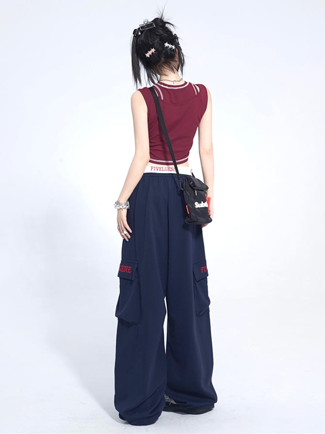フォールドオーバーパンツカーゴネイビーブルーウエスト