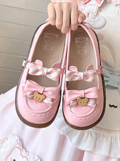 - 2 cm süße, gleichmäßig gestreifte Flats mit rosa Schleife und PU-Lolita-Sohle