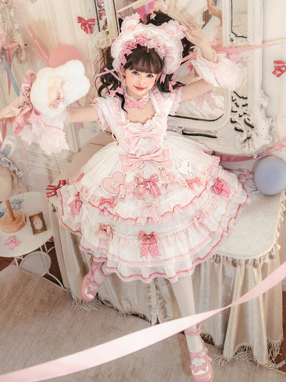 Rüschen Einteiler Rosa Weiß Süßes Prinzessinnen- und Schleifenkleid Thema Lolita Bunny Akzente