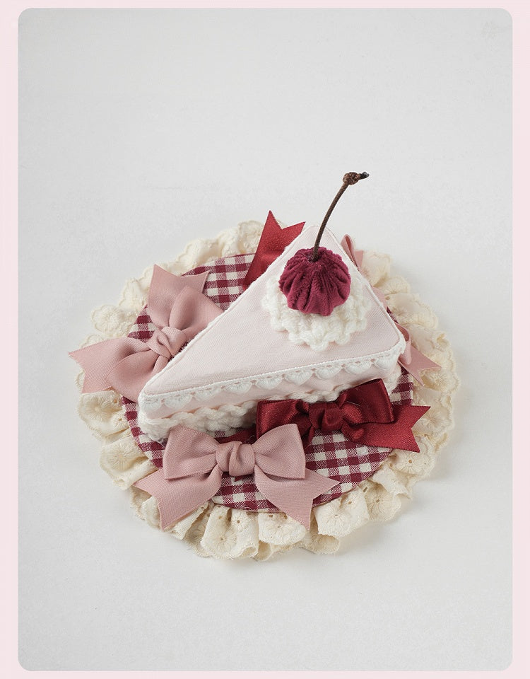Sweet Lolita Pink Bow Ruffled Trim Red Cherry Triangular Cake Mini Hat