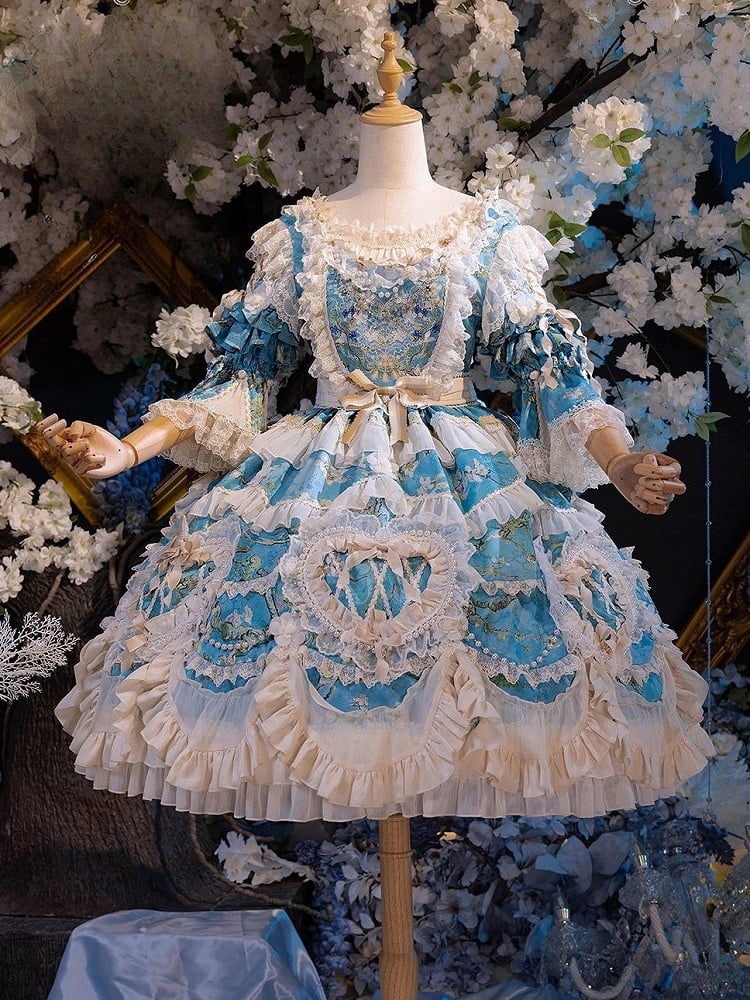 Floral Blue Edge with Hem Lolita Dress Print Scalloped Hime Lace