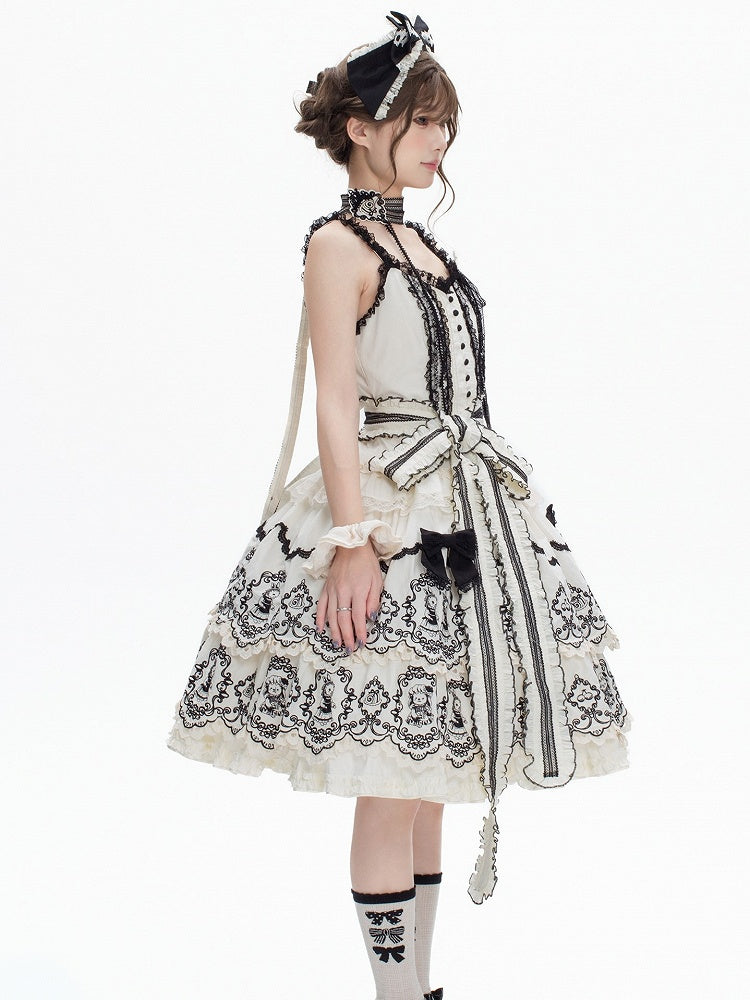 White Layered with Scalloped Black Set Rabbit Trim Skirt Top Pattern Camisole + Lolita Edge Elegant