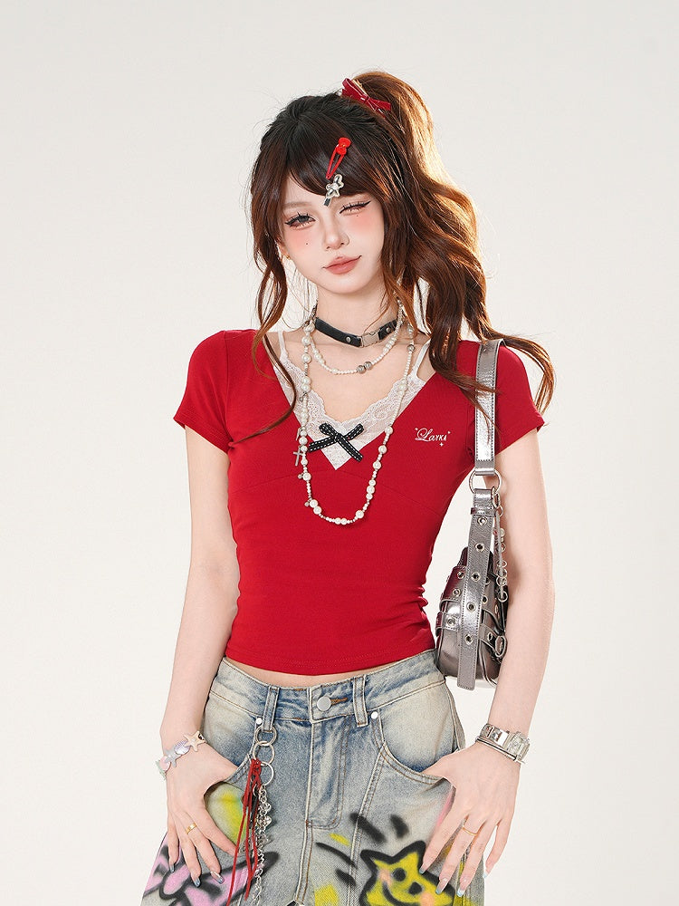 Slim-fitting Black/Red Design Lace Faux T-shirt Two-pieces Camisole