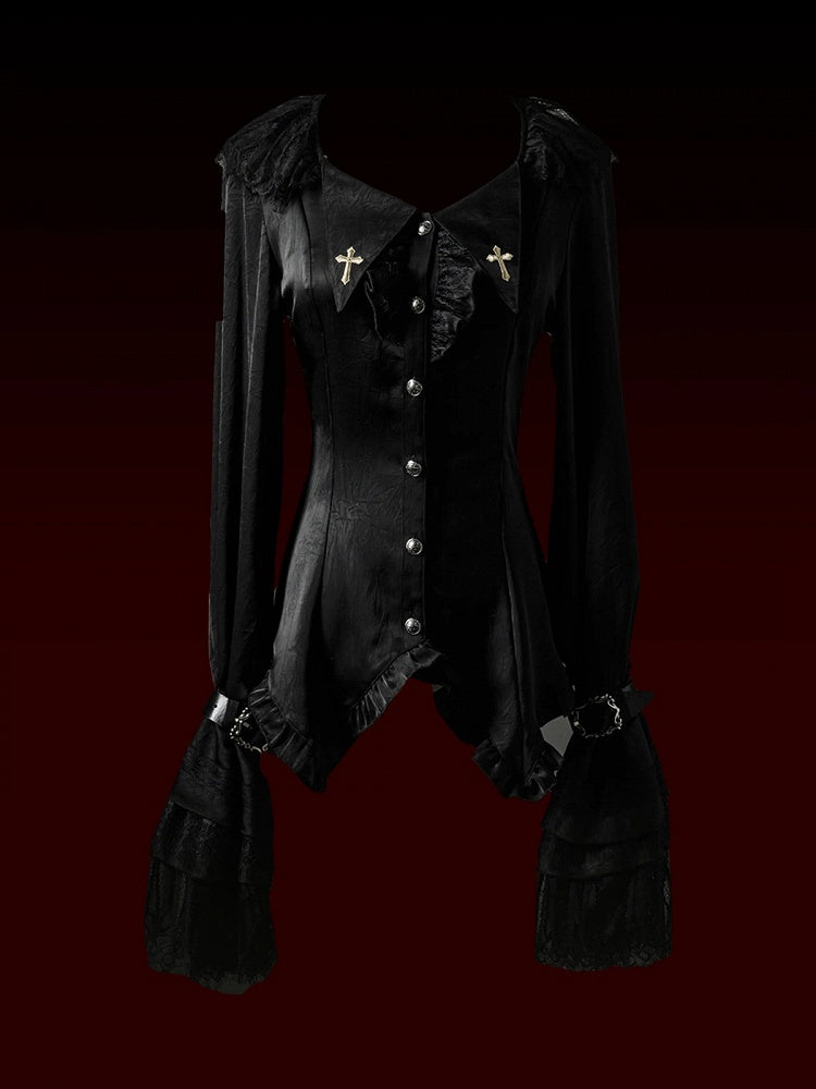 Black Pointed Collar Embroidered Cross Gothic Shirt with Arm Straps - Jailbird Hotel