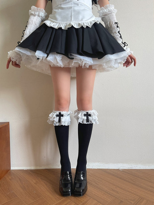 Ruffled Lolita Decoration Sockswith Gothic Calf BlackWhite Cross 3-Layer