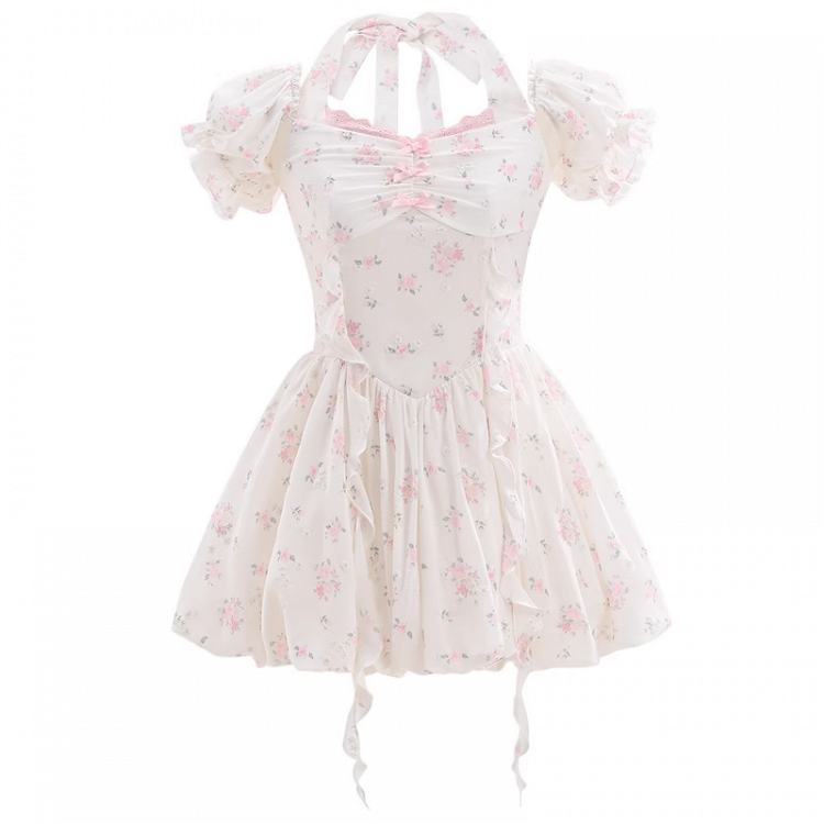 Waist Sweet White Puff Sleeves Basque Halter Neck Floral Dress