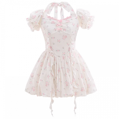 Süßes weißes Baskenkleid mit Puffärmeln und Neckholder und Blumenmuster