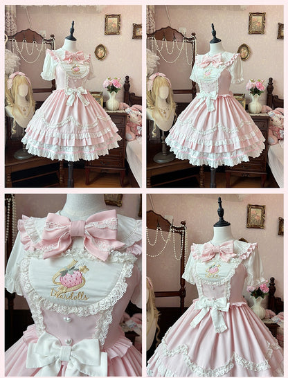 Erdbeerstickerei Rosa gewellter Rand JSK Leichtes süßes Lolita-Kleid