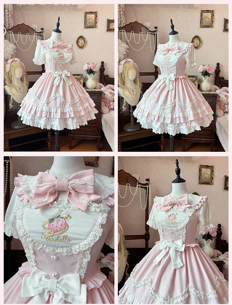 Süßes Lolita-Kleid mit gewelltem Rand und Erdbeerstickerei, Hellrosa JSK