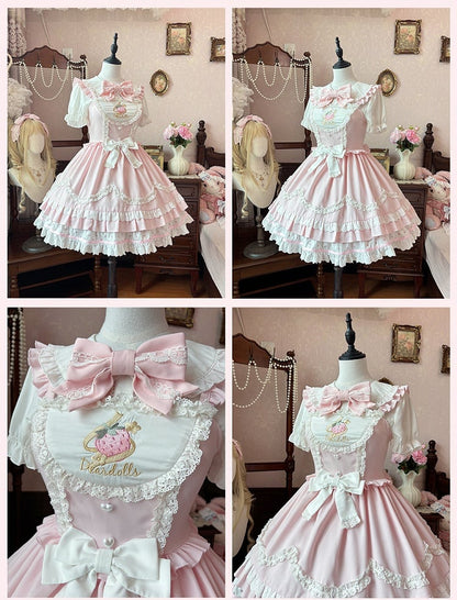 Süßes Lolita-Kleid mit gewelltem Rand und Erdbeerstickerei, Hellrosa JSK