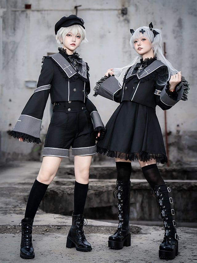 Langärmliges, kurzes, besticktes graues Oberteil und Kragenkreuz Ouji Black Square Lolita