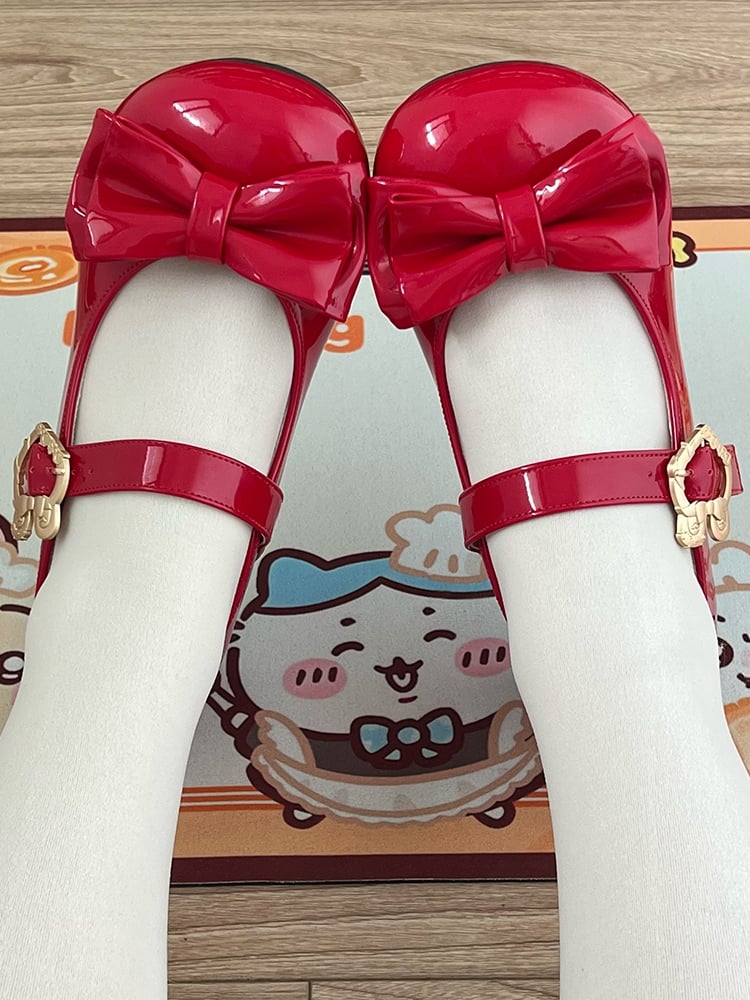 Wine Red Sweet Lolita Mary Jane Shoes - Round Toe with Bow Details & Rabbit Buckle