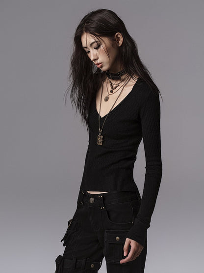 Top Black Ribbed Sleeve Knit Long - Cuffs Slim-fitting Cinching Waist