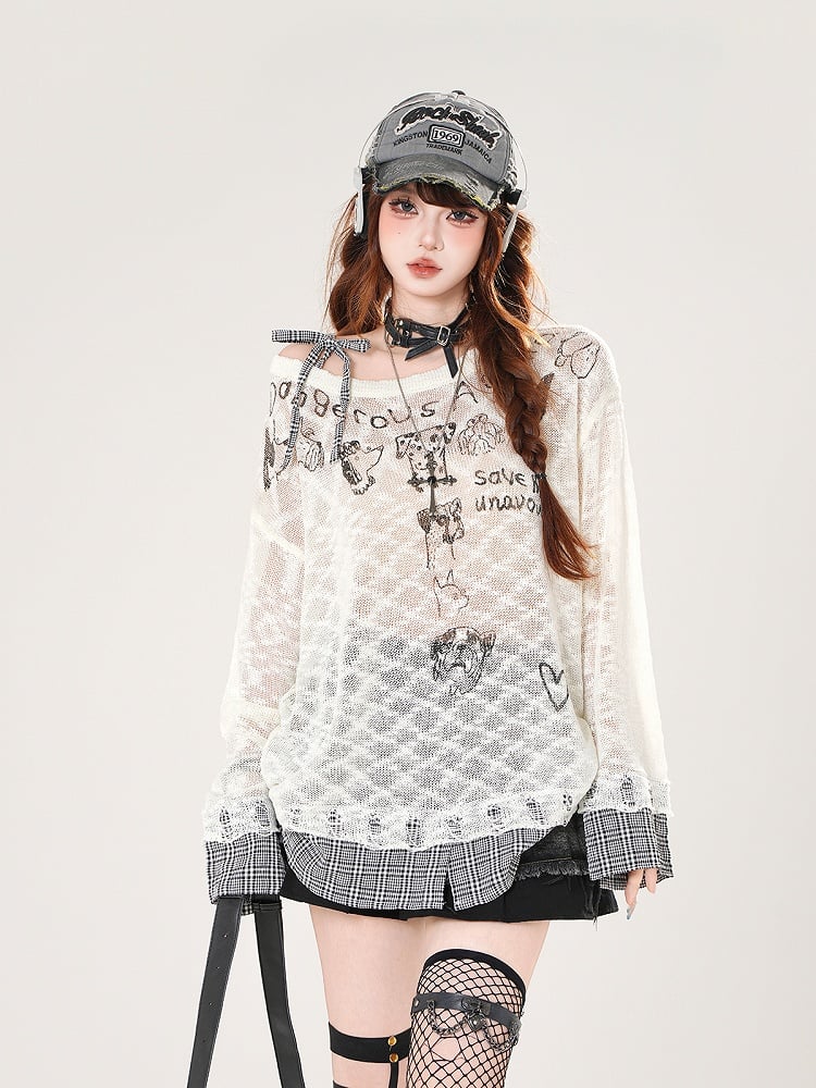 Asymmetrical Neckline Puppy Print Beige/Black Hem Plaid