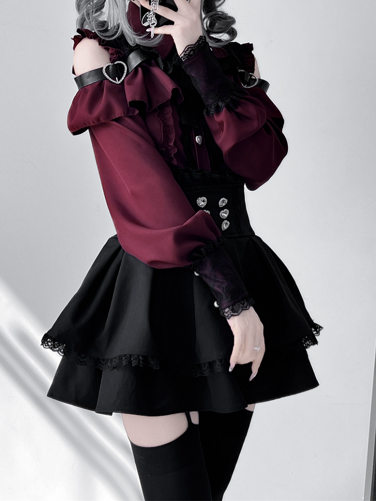 Jirai Button Blouse: Red Sweetheart Closure Wine Kei