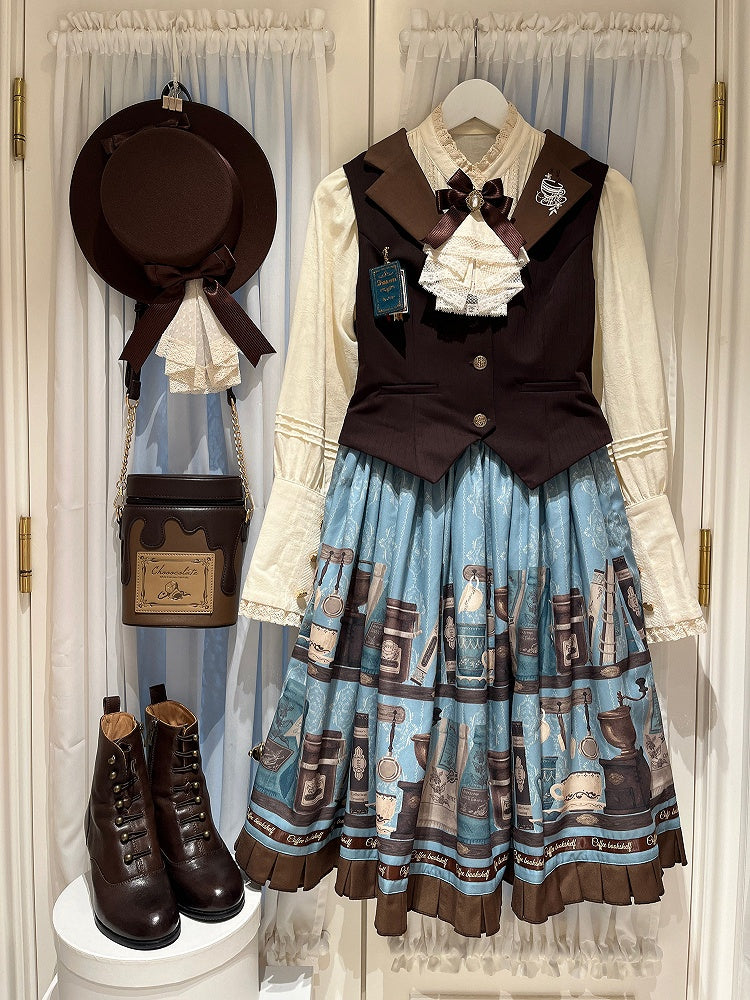 Blue Brown Coffee Cup Bookshelf Print Elegant Skirt Ruffled Hem - Dream Whale