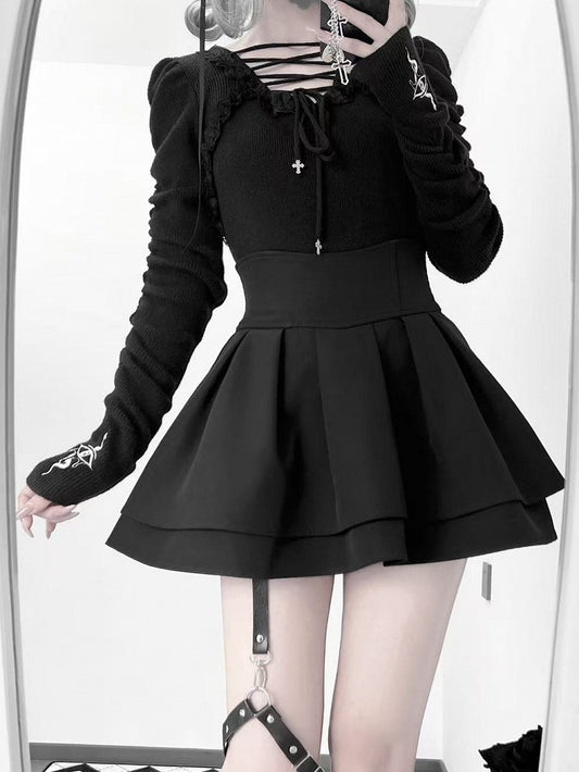 Lace-up Gothic Eye and Cross Embroidery Black Snake Knit Top with Straps Neckline