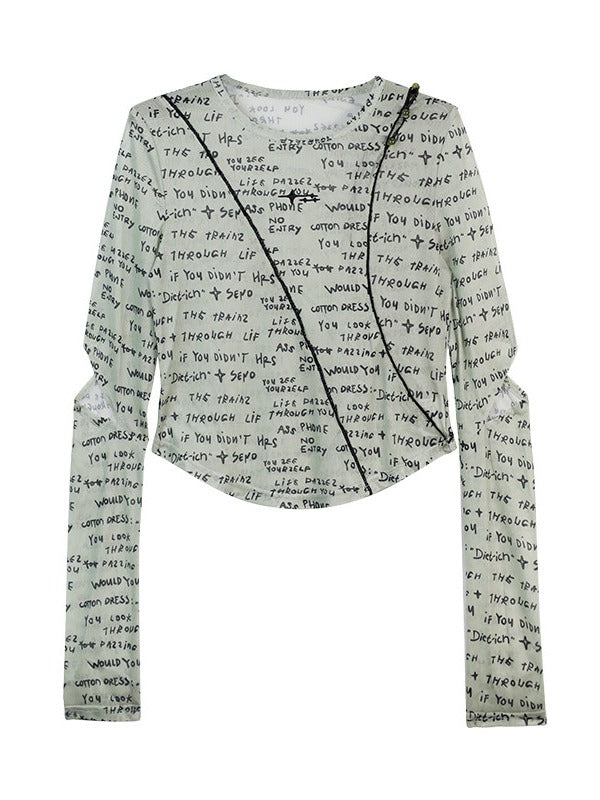 Gray Asymmetrical Design Long Sleeve Letter Printed T-Shirt - Girlyhalo