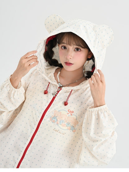 日焼け防止ジャケット ベアバイブス スノーフード ホワイト 水玉耳デザイン ホワイト 愛らしい