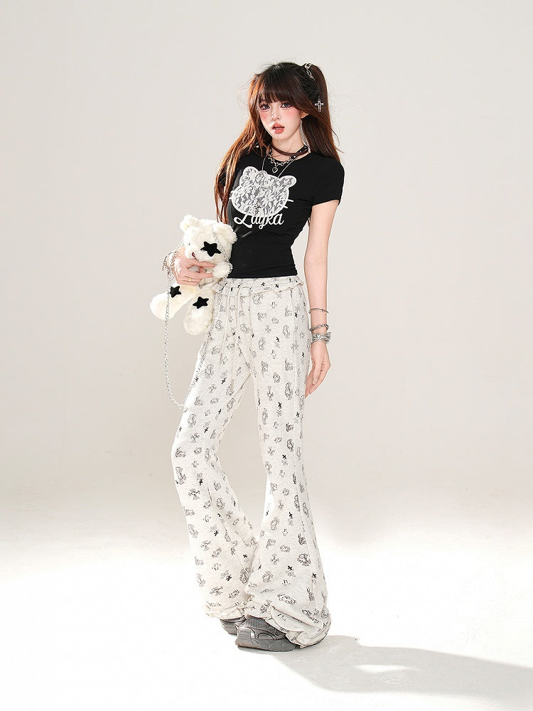 Gray Glamorous Kitty and Cross Print Drawstring Flared Pants Waist