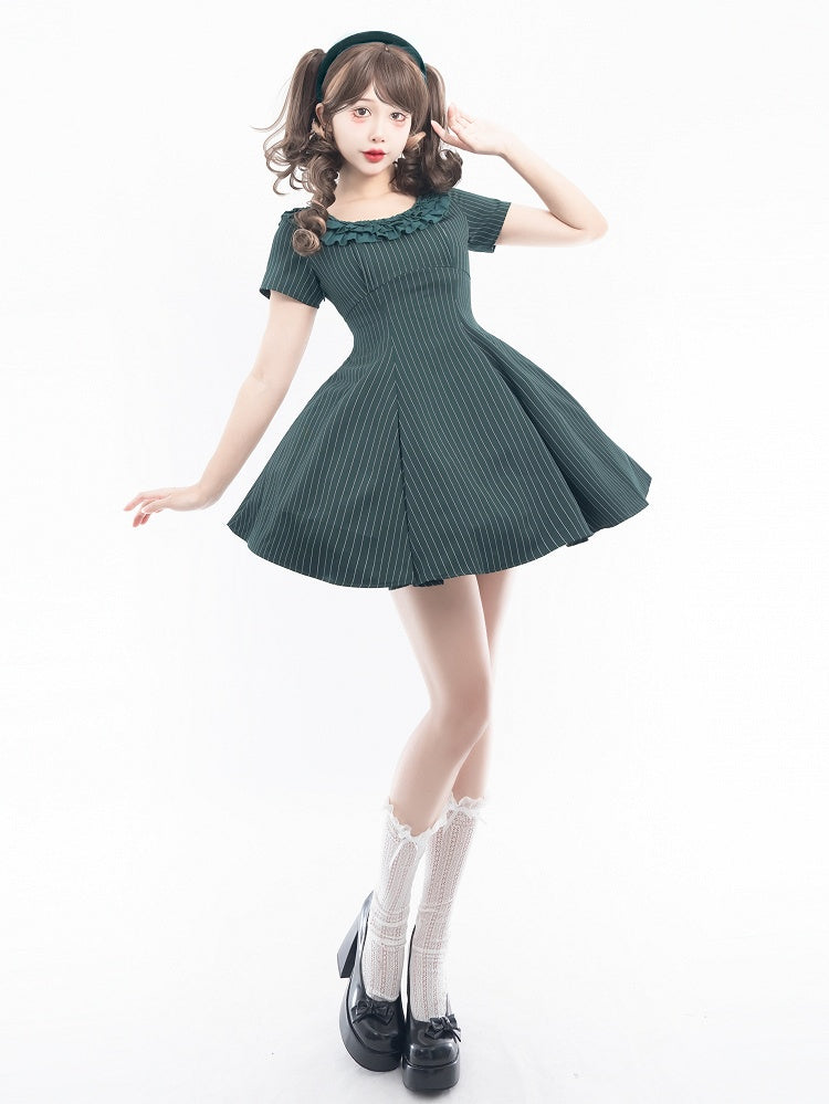 Slytherin Green Striped Pattern Lolita Dress + Waistcoat + Cropped Top Full Set