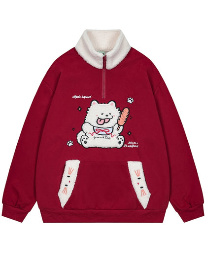 Red/Blue/Yellow Cute Plush Puppy Applique Polo Collar Sweatshirt