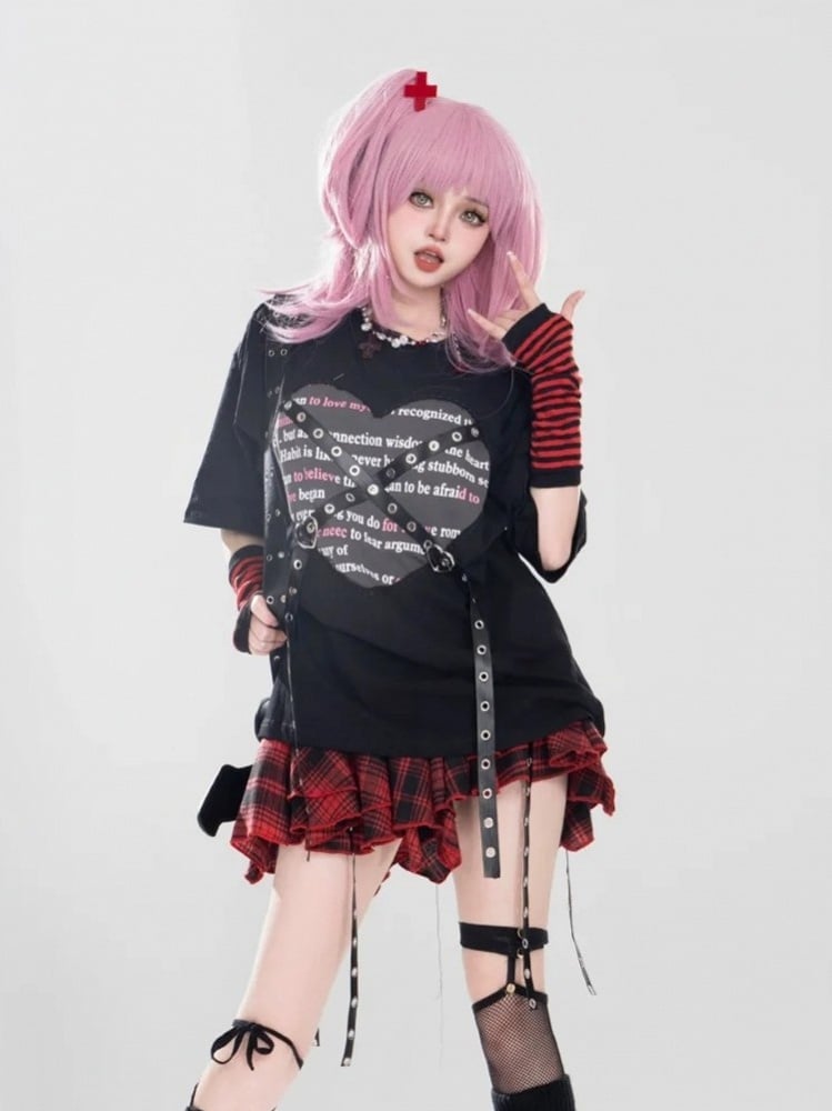 Red With Punk Buckle Metal Straps Print Top Black Heart And