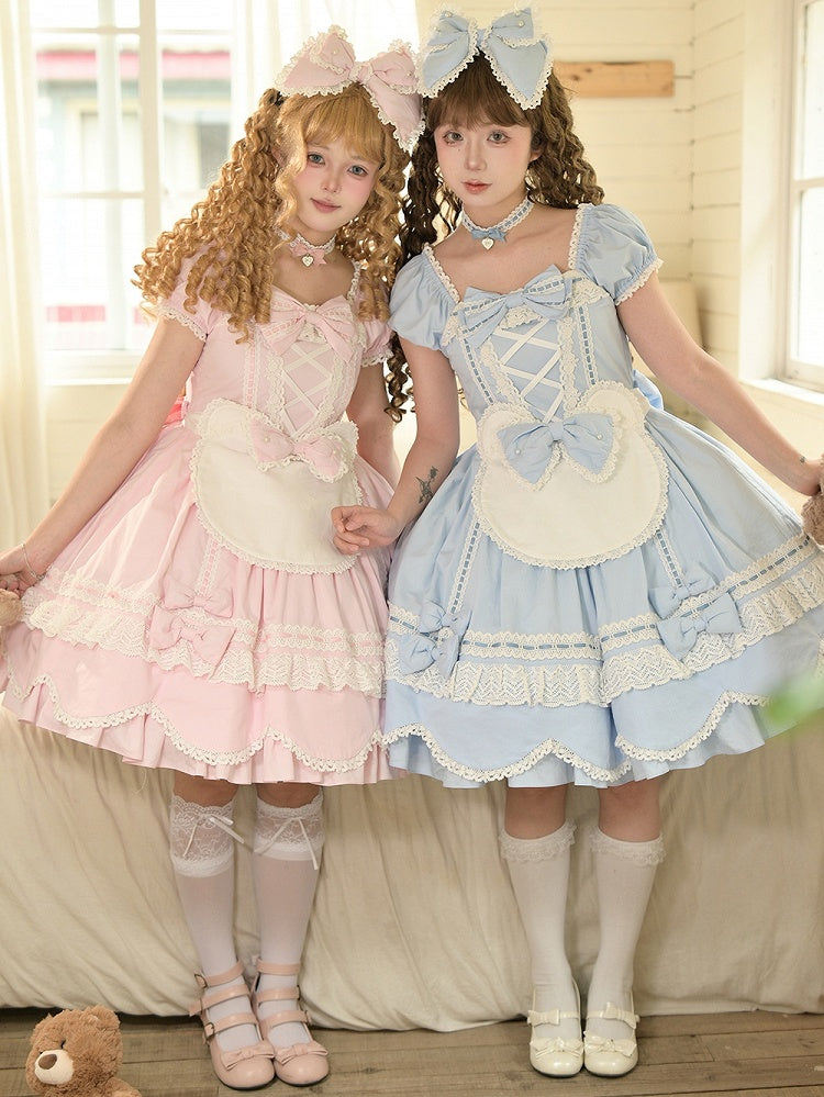 und kurzes Stück blau One Neckline Puff Old Lolita School Ärmel Baumwollkleid Square