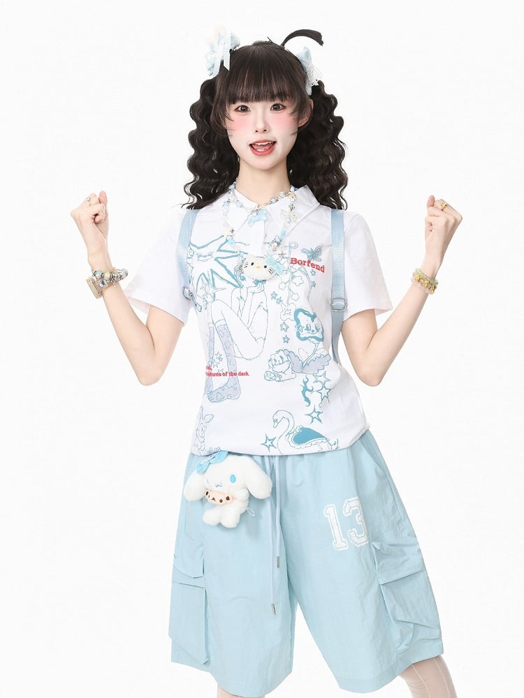 White Turn-Down Collar Tee with Anime Graphic - Languid Park