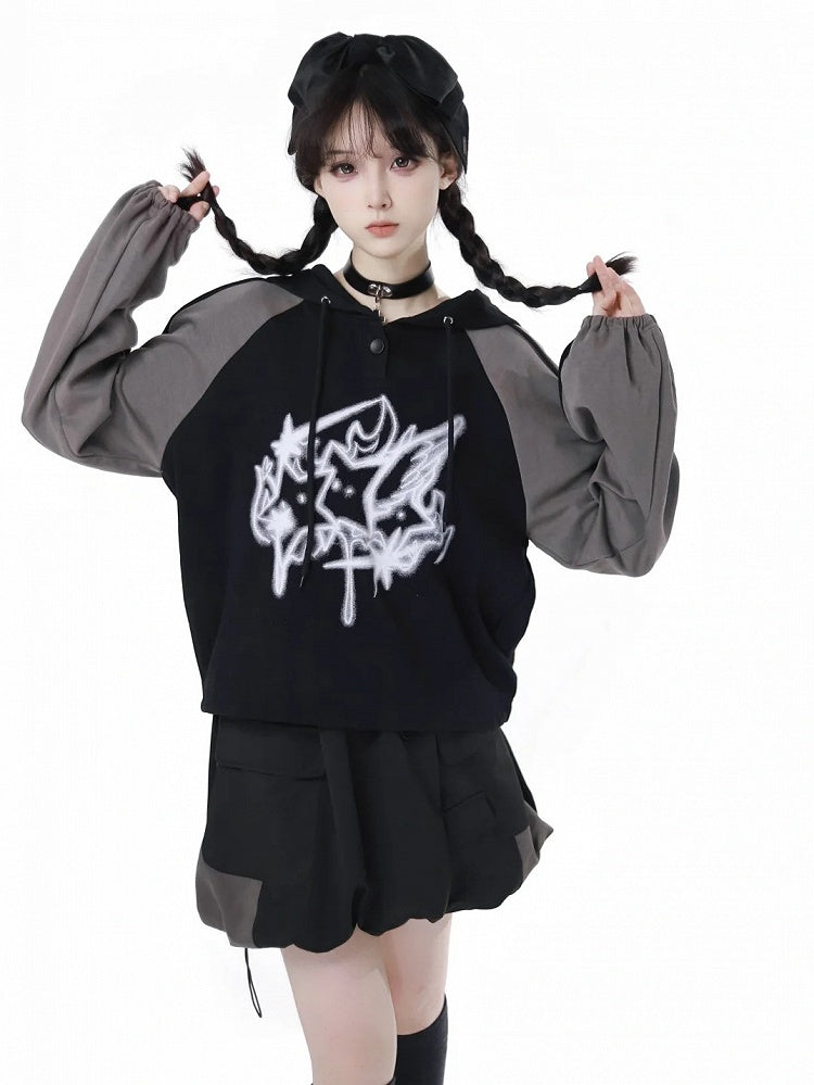 Hoodie Print Gray Colorblock Design and Star Loose Black