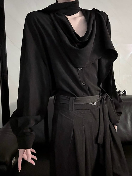 with Shirt Neckline Ouji Scarf Long Lolita Sleeve Black