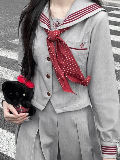 袖付きグレーロングブラウスセーラーJK刺繍襟制服花柄