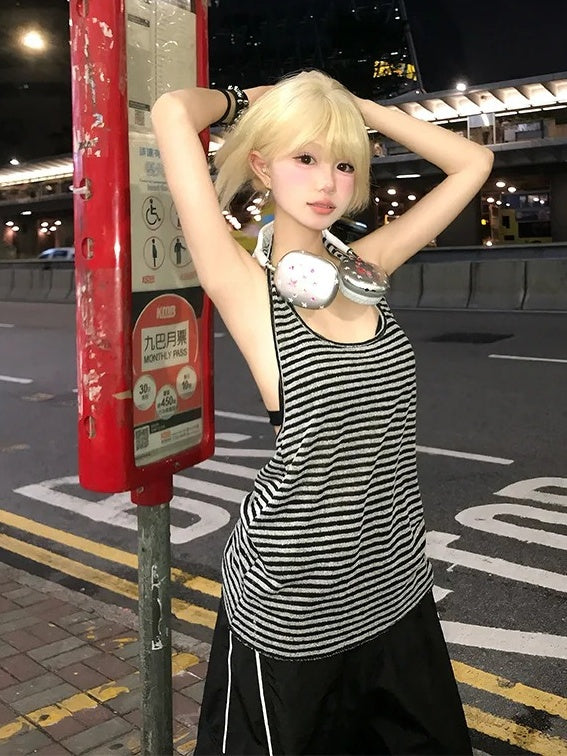 ホワイトストライプホルターネックトップ ブラック ヴィンテージ バックレス