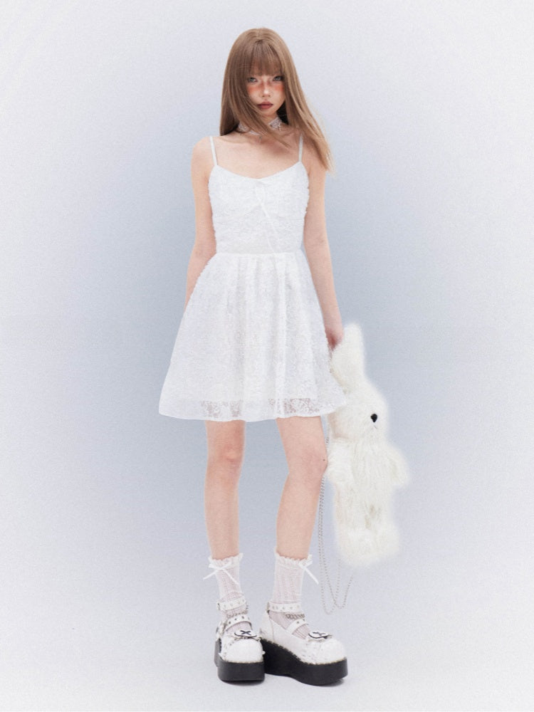 Cami Dress with Self-Tie Bow Elegant Lace White Thigh-length