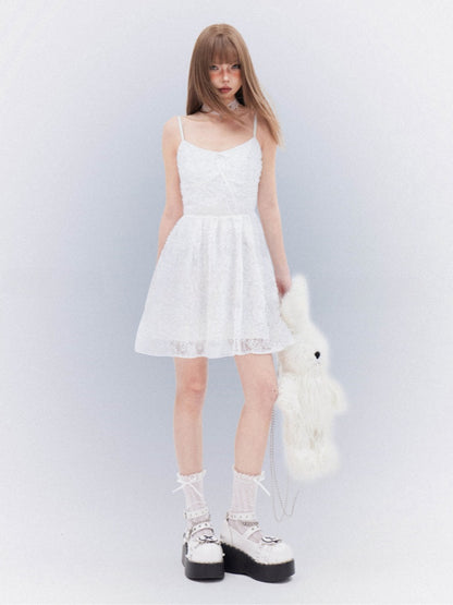 Cami Dress with Self-Tie Bow Elegant Lace White Thigh-length