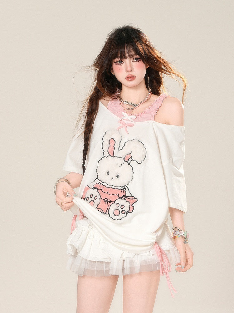 T-Shirt Muster Entzückende Ausschnitt Schulter Kordelzug Taille Bunny Weiß Lose