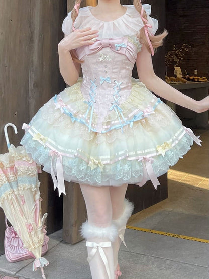 Kleid Akzente Korsett Stäbchen Riemen Regenbogen Lolita Rock Schleife Dünne Pullover Schulter Pastell