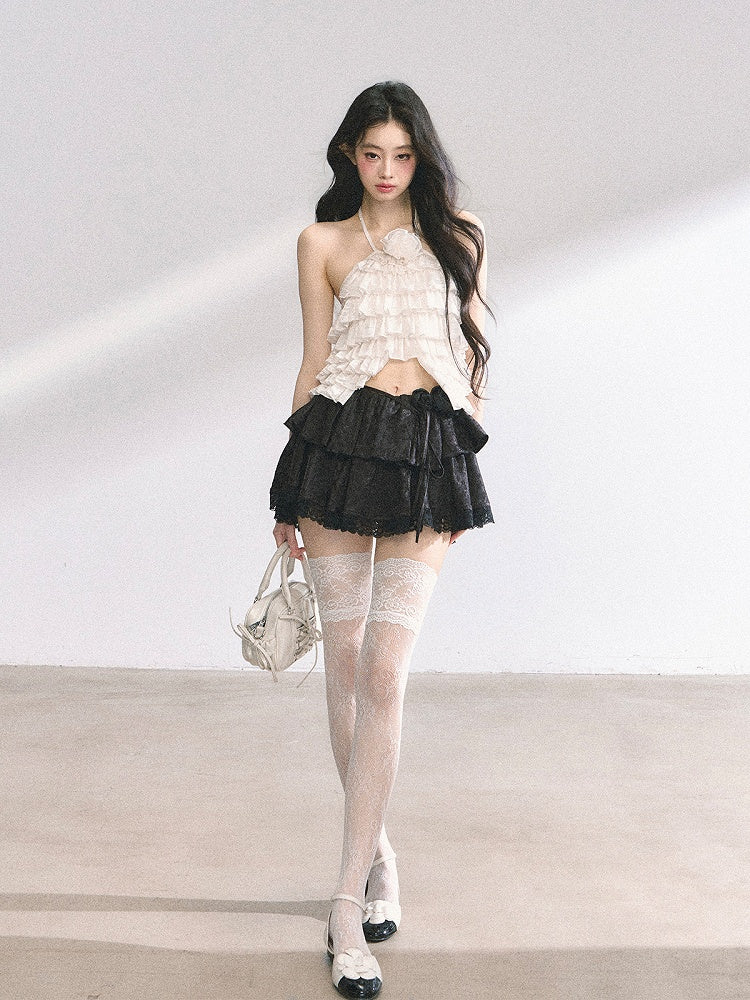 Halter Neck Top Apricot/Pink Decorated Tiered Ruffles Floral