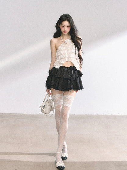 Halter Neck Top Apricot/Pink Decorated Tiered Ruffles Floral