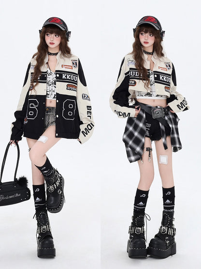 Fleece and Apricot Jacket Black Letters Embroidery Baseball with Colorblock Detachable