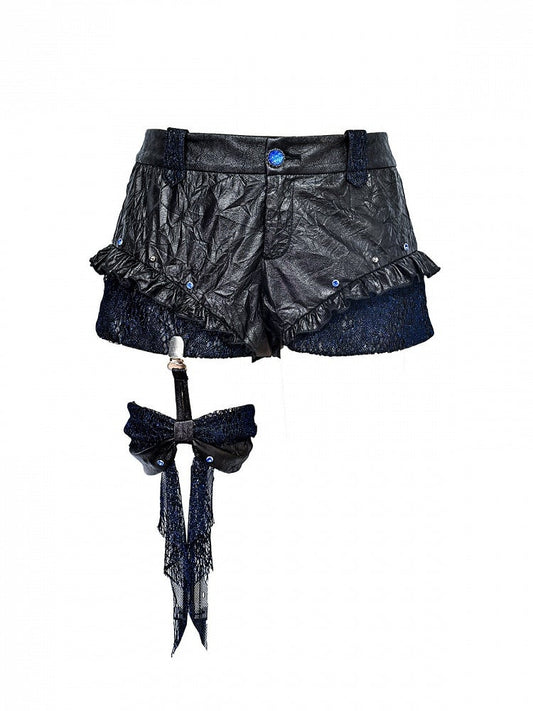 Rock and Bow with PU Punk Waist Shorts Low Y3K Ruffles