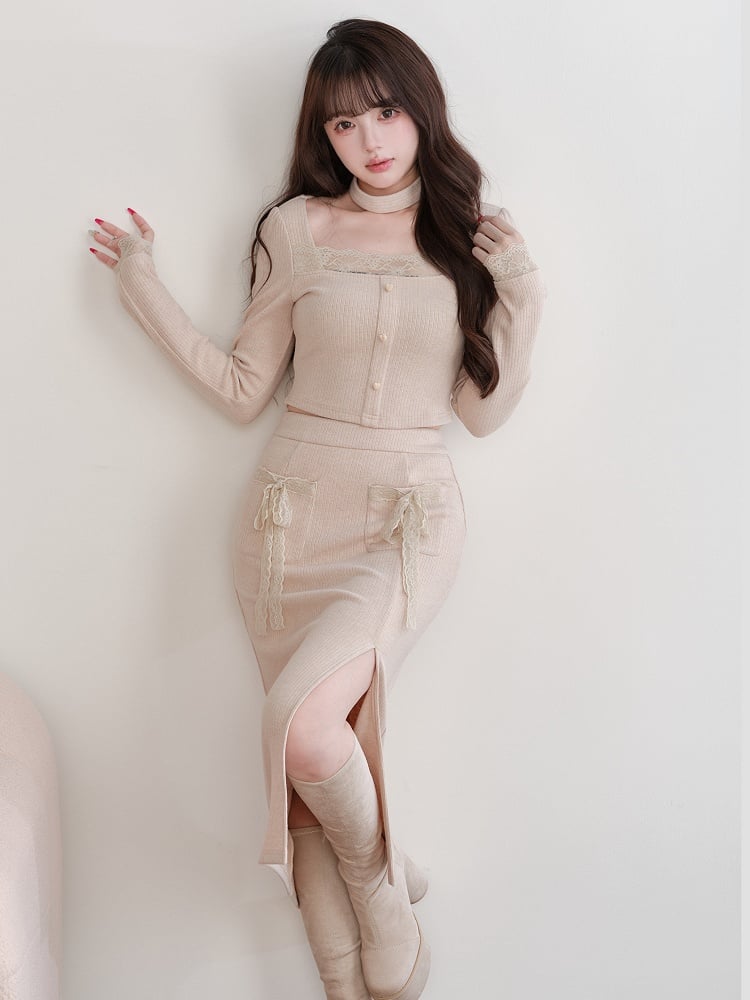 + Slit - Two-Piece Jirai Square Skirt Top Lace Set Choker Beige Neck Design Kei Accent Bow