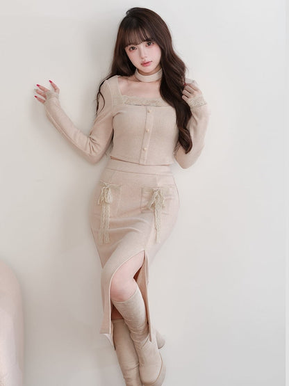 + Slit - Two-Piece Jirai Square Skirt Top Lace Set Choker Beige Neck Design Kei Accent Bow
