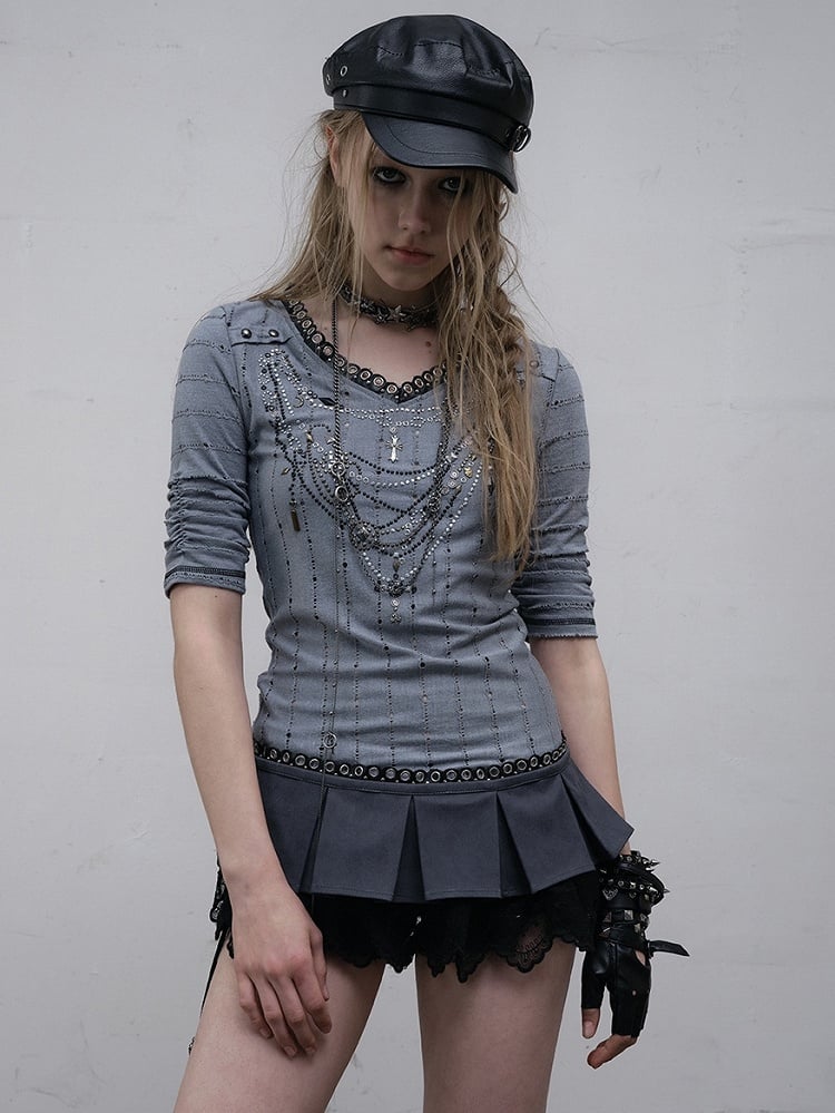 Muster Langer V-Ausschnitt Strass Gestreift Rosa/Blau Ärmel Punk Design Top Halskette Wasteland