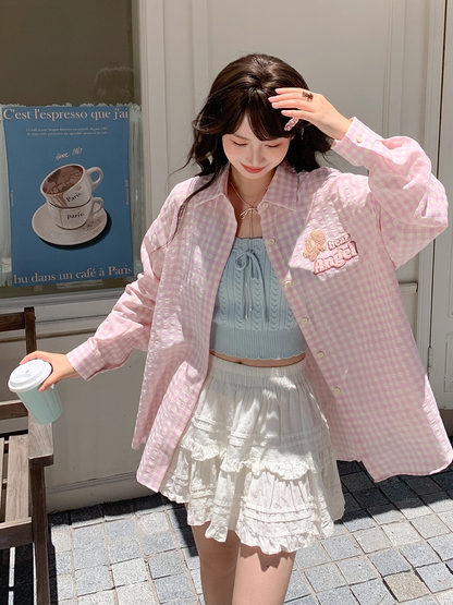 Pink Loose Plaid Shirt Adorable Bear Embroidery